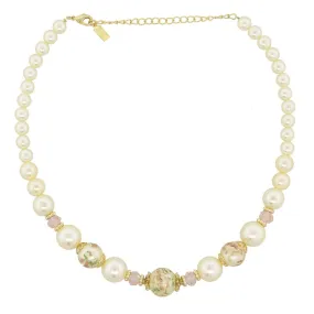 1928 Jewelry Flower Decal Faux Pearl Strand Necklace 16"   3" Extender