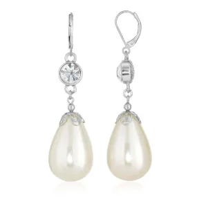 1928 Jewelry Large Teardrop Faux Pearl And Crystal Drop Earrings