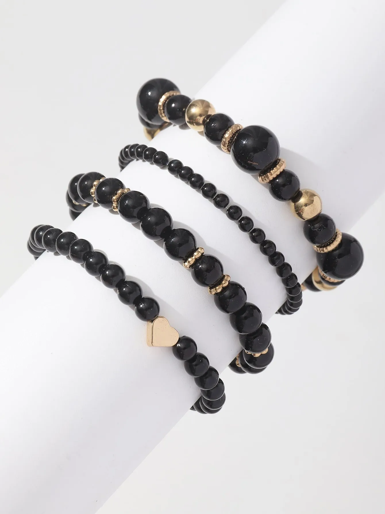 4pcs Heart Decor Black Beaded Bracelet Women Bracelet Stackable Bracelet Crafted