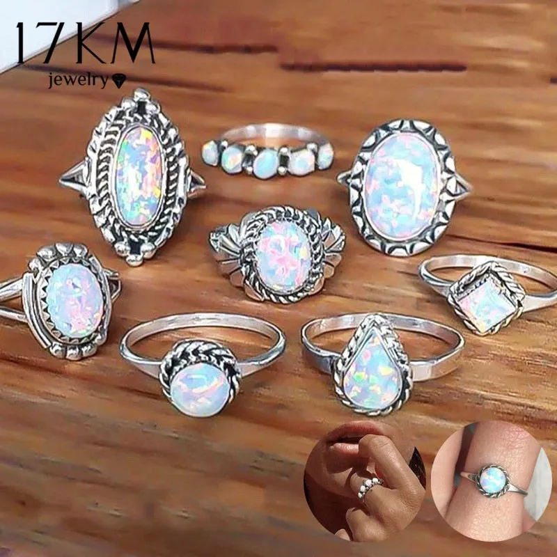 8 PCS/Set Vintage Opal Rings Set Goth Boho Geometric Pattern Bohemian Goth Jewerally