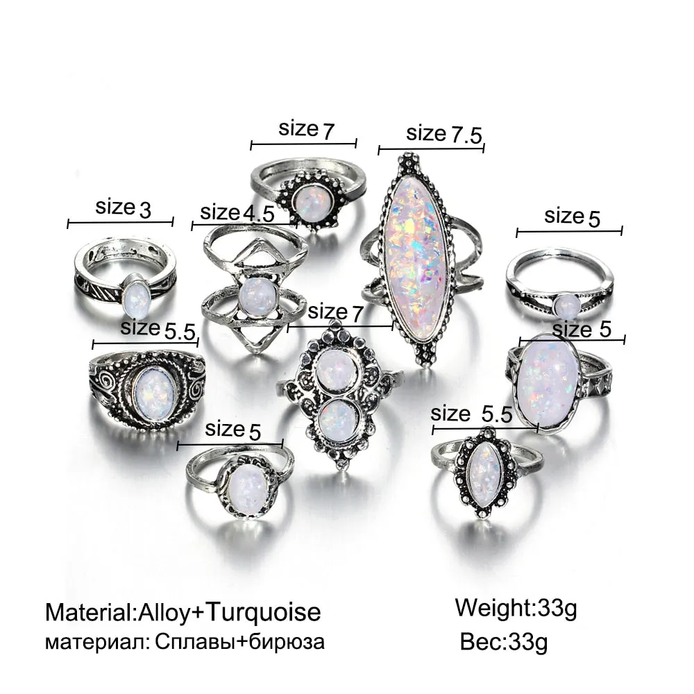 8 PCS/Set Vintage Opal Rings Set Goth Boho Geometric Pattern Bohemian Goth Jewerally