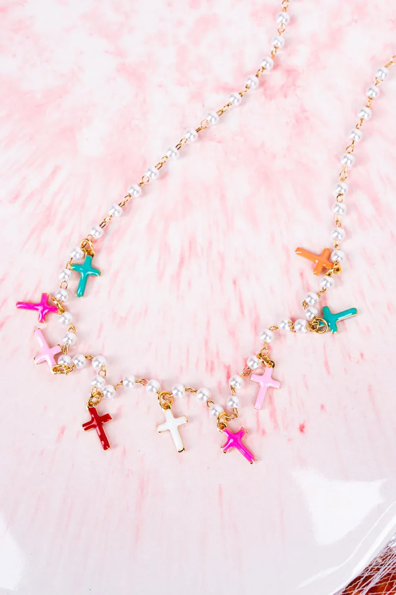 Alaina Pearl Goldtone Cross Necklace