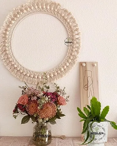 ARSHLAZA Macrame Hanging Wall Mirror with Macrame Round Mirror Art Boho Decor Macrame Decorative Mirror [M112] Framed, White