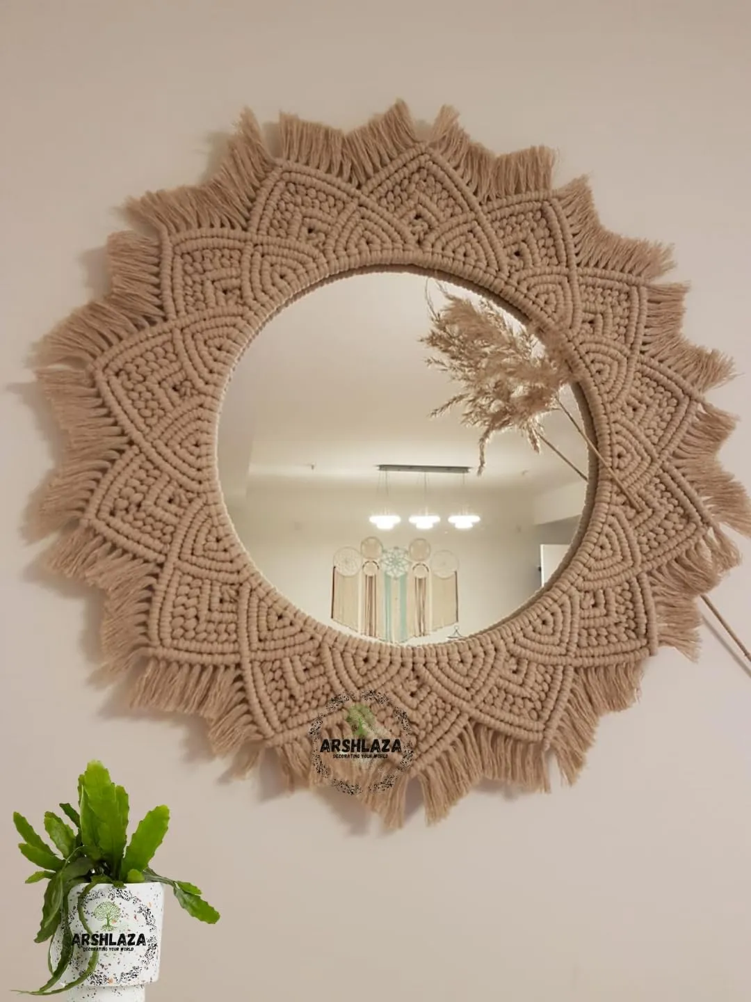 ARSHLAZA Macrame Hanging Wall Mirror with Macrame Round Mirror Art Boho Decor Macrame Decorative Mirror [MBRN1] Framed, Off-White