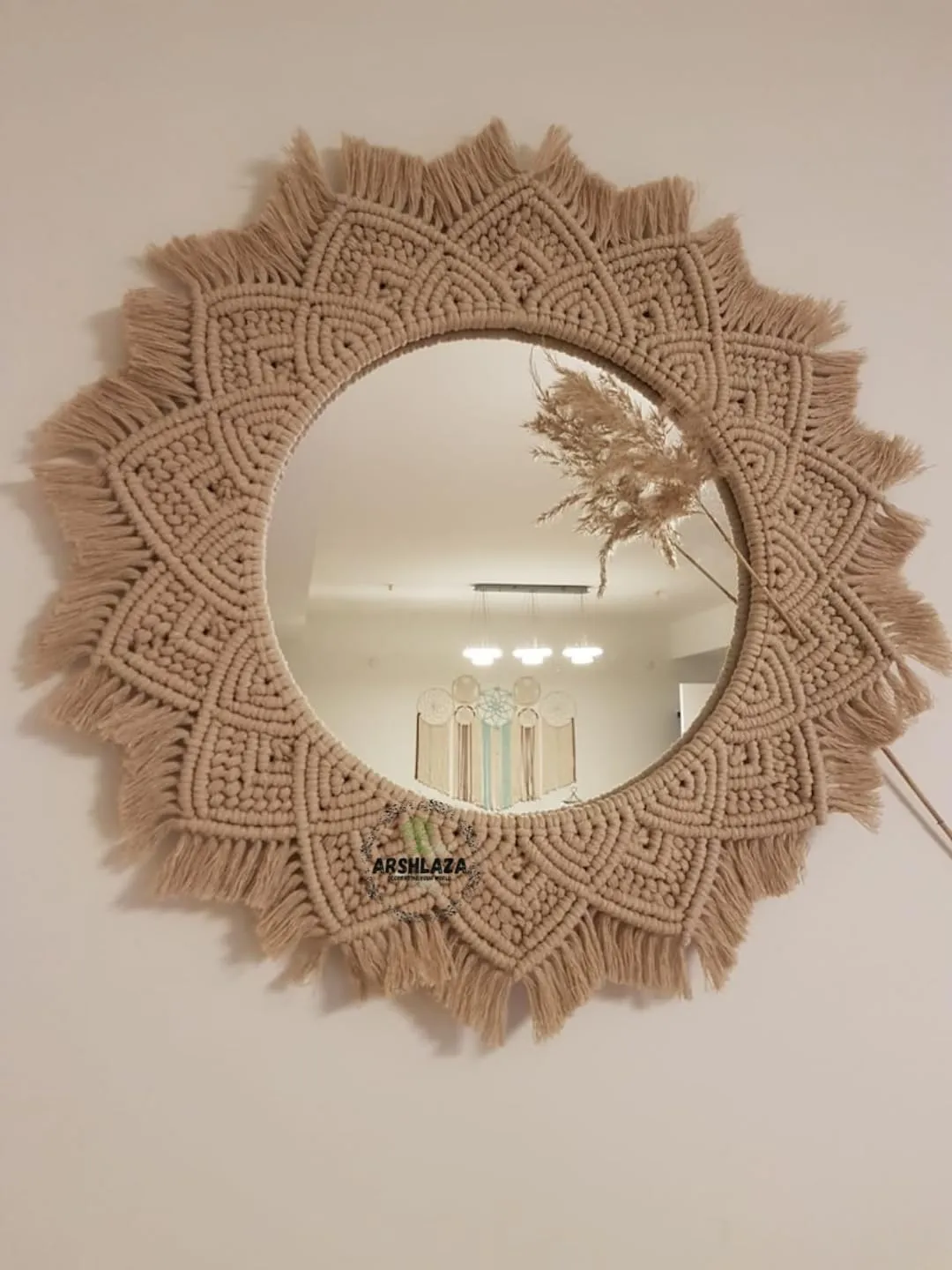 ARSHLAZA Macrame Hanging Wall Mirror with Macrame Round Mirror Art Boho Decor Macrame Decorative Mirror [MBRN1] Framed, Off-White