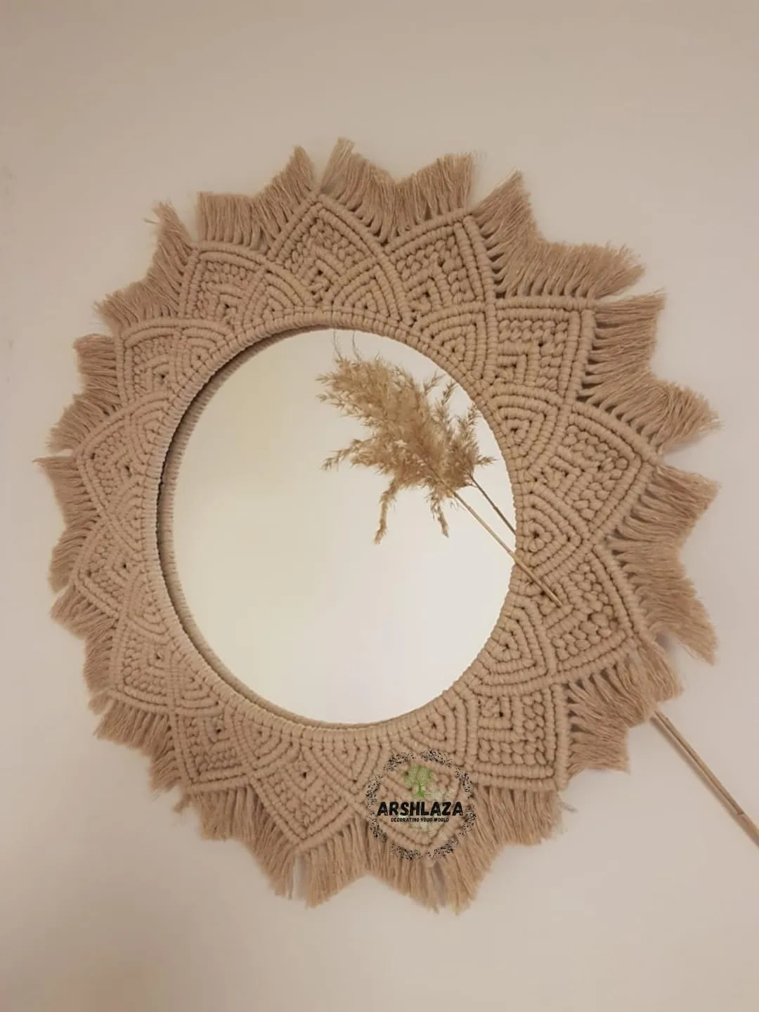 ARSHLAZA Macrame Hanging Wall Mirror with Macrame Round Mirror Art Boho Decor Macrame Decorative Mirror [MBRN1] Framed, Off-White