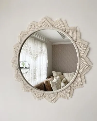 ARSHLAZA Macrame Wall Hanging with Fringe Round Mirror for Living Room, Off- White (M117)