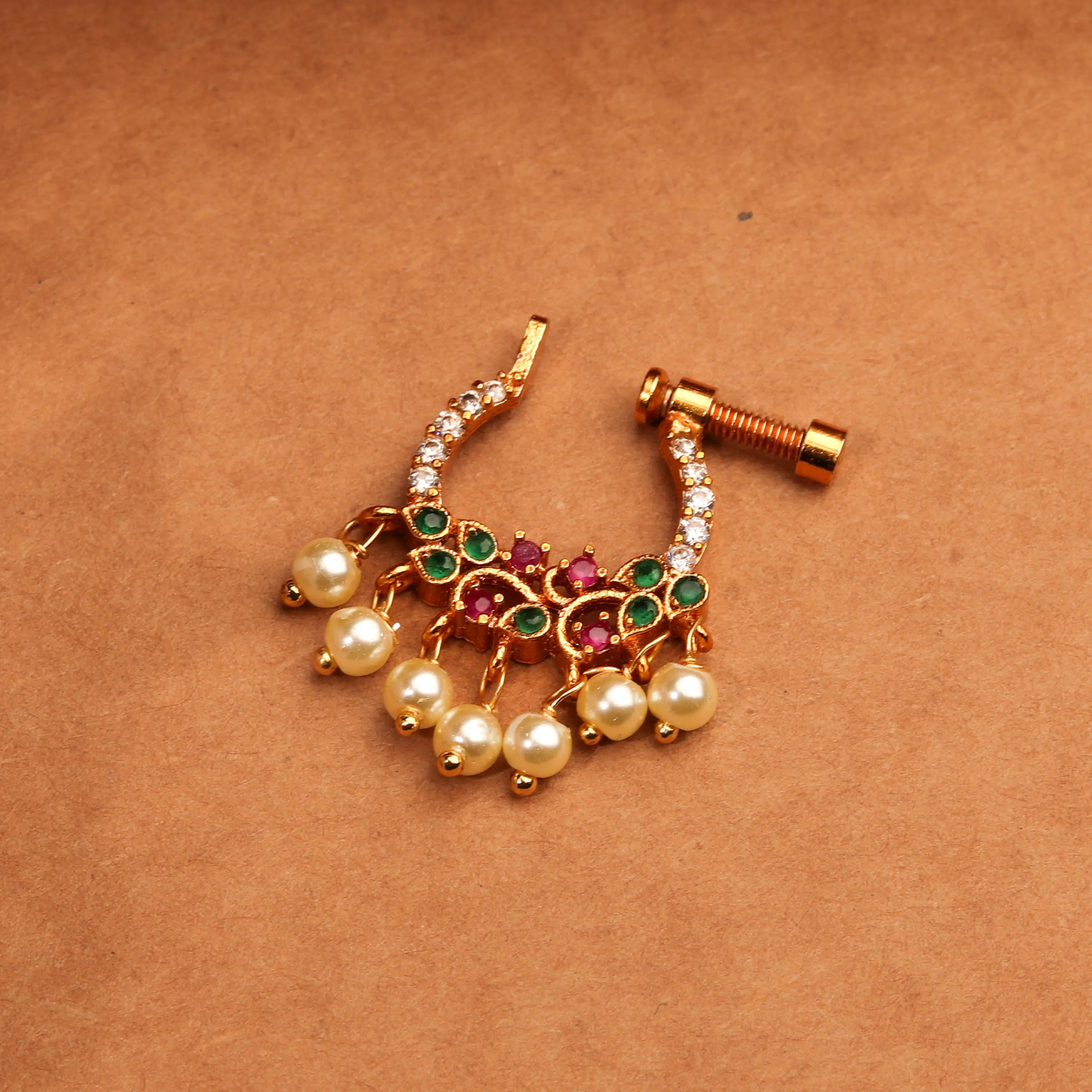 Beautiful 24K Golden Multi Colour Stone Nose Pin With Pearls