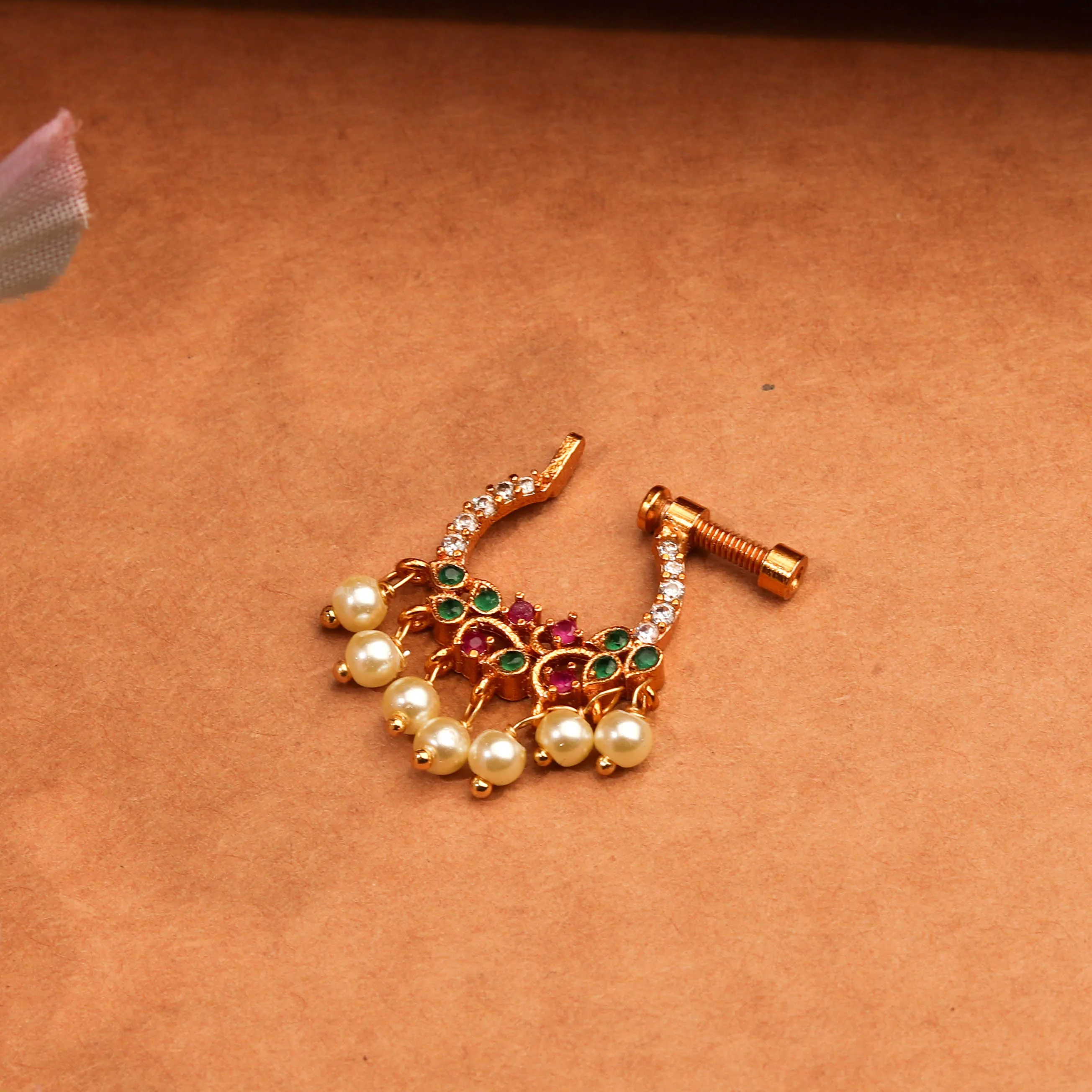 Beautiful 24K Golden Multi Colour Stone Nose Pin With Pearls