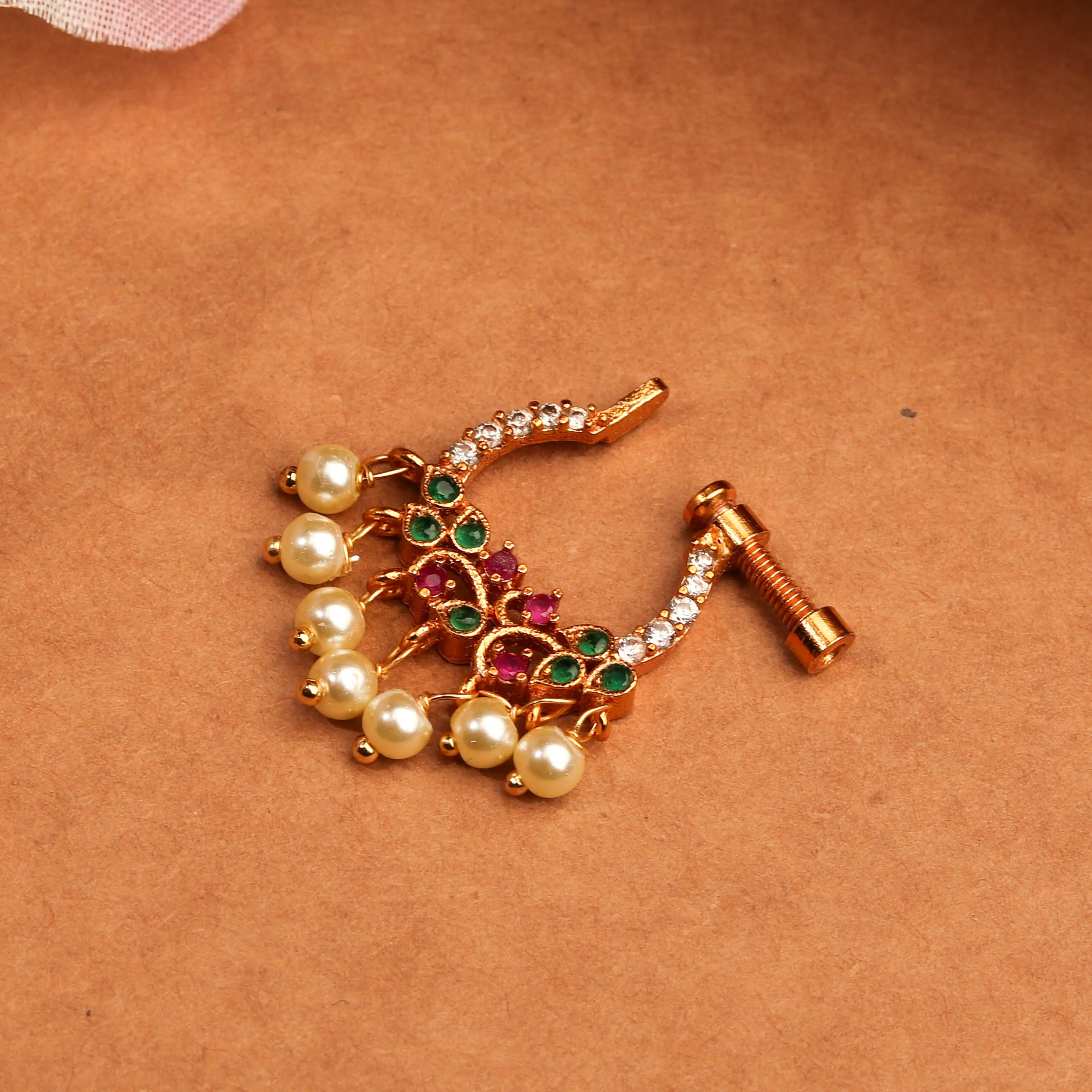 Beautiful 24K Golden Multi Colour Stone Nose Pin With Pearls