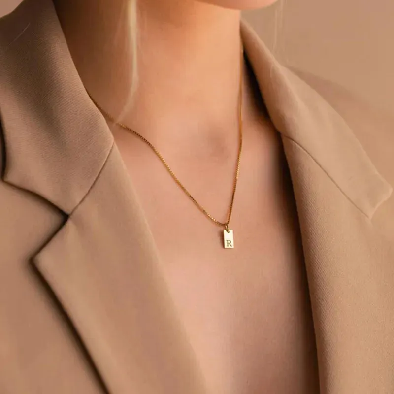 Engraved Initial Letter Necklaces For Women Tiny Stainless Steel Square Pendant Necklace Aesthetic Birthday Jewelry Gift 2023