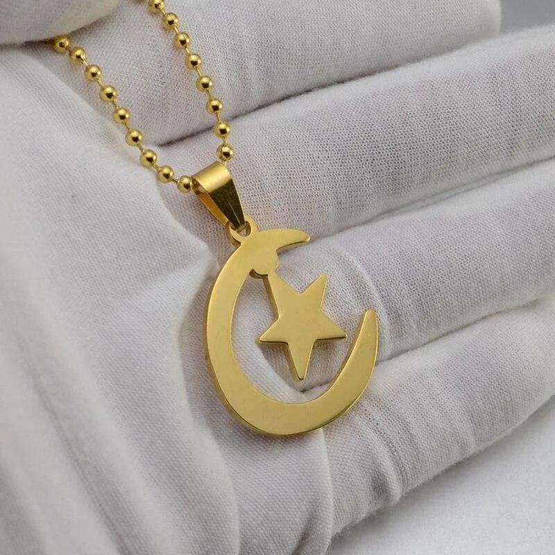 Gold Silver Tone  Stainless Steel Islamic Crescent Moon & Star Charm Pendant Necklace For Muslim W/ Free Chain 60CM Long