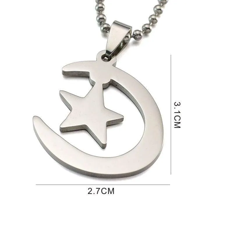 Gold Silver Tone  Stainless Steel Islamic Crescent Moon & Star Charm Pendant Necklace For Muslim W/ Free Chain 60CM Long