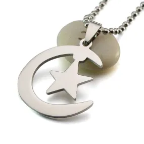 Gold Silver Tone  Stainless Steel Islamic Crescent Moon & Star Charm Pendant Necklace For Muslim W/ Free Chain 60CM Long