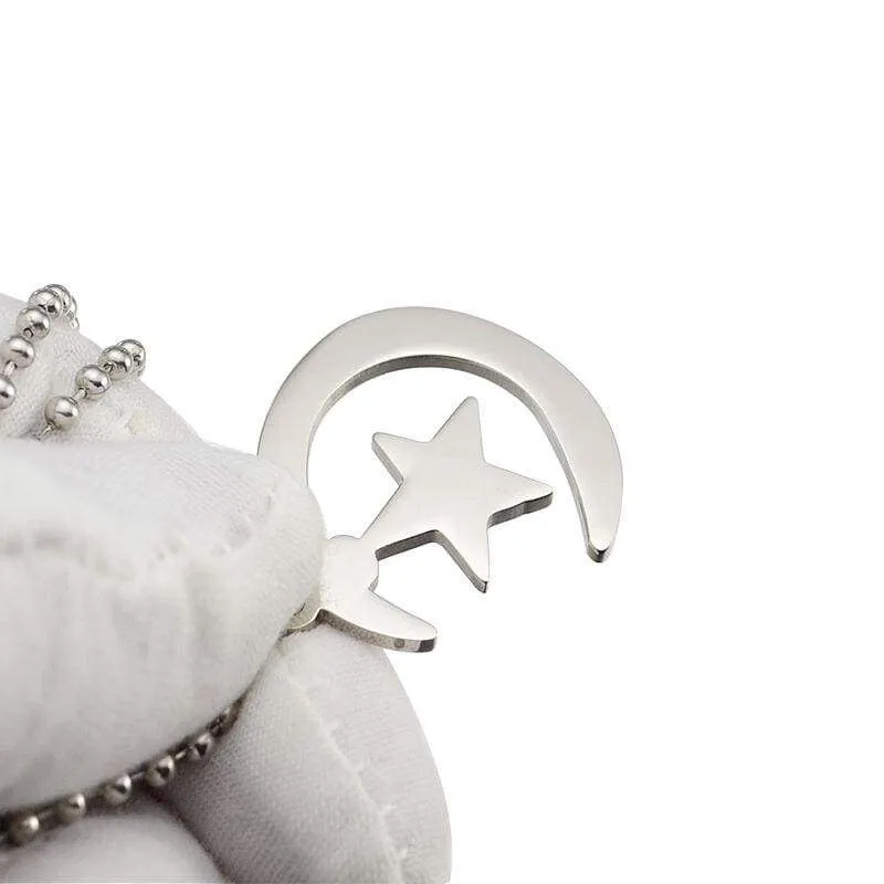 Gold Silver Tone  Stainless Steel Islamic Crescent Moon & Star Charm Pendant Necklace For Muslim W/ Free Chain 60CM Long