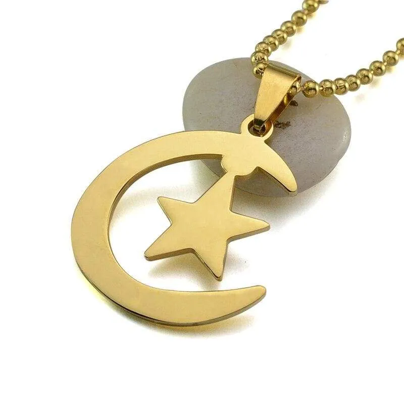 Gold Silver Tone  Stainless Steel Islamic Crescent Moon & Star Charm Pendant Necklace For Muslim W/ Free Chain 60CM Long