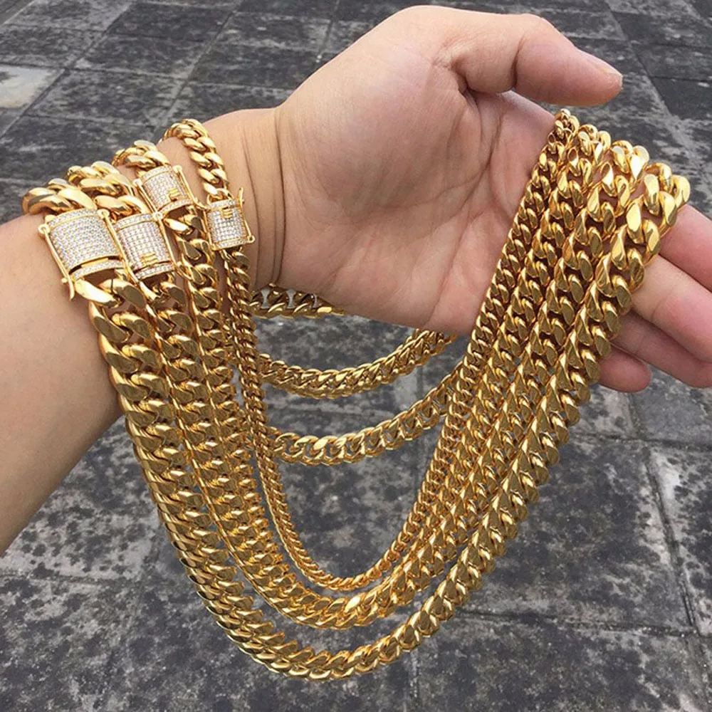 Hip hop 8/10/12/14mm Cuban Miami Chain Necklace Stainless steel Rhinestone Clasp Iced Out Gold Casting Chain Men Women Jewelry