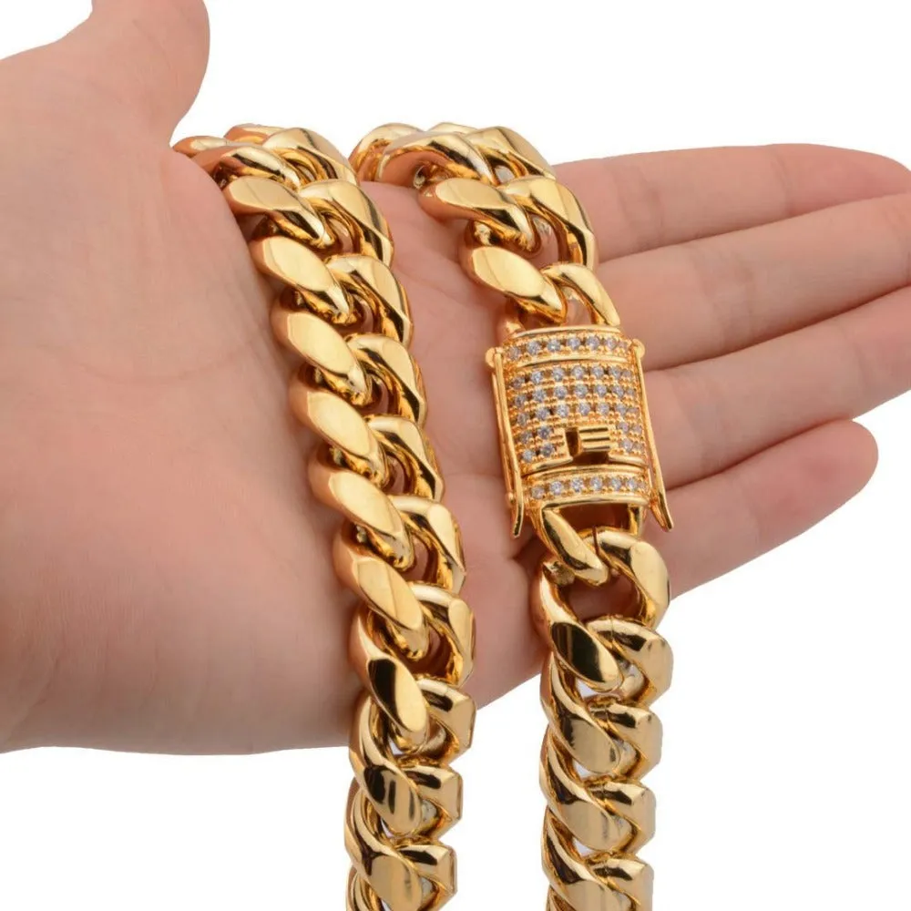 Hip hop 8/10/12/14mm Cuban Miami Chain Necklace Stainless steel Rhinestone Clasp Iced Out Gold Casting Chain Men Women Jewelry