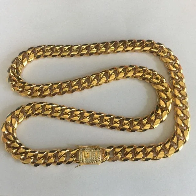 Hip hop 8/10/12/14mm Cuban Miami Chain Necklace Stainless steel Rhinestone Clasp Iced Out Gold Casting Chain Men Women Jewelry