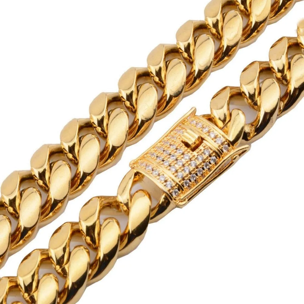 Hip hop 8/10/12/14mm Cuban Miami Chain Necklace Stainless steel Rhinestone Clasp Iced Out Gold Casting Chain Men Women Jewelry
