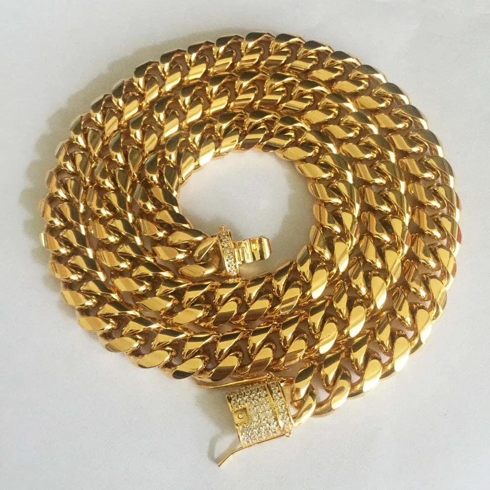 Hip hop 8/10/12/14mm Cuban Miami Chain Necklace Stainless steel Rhinestone Clasp Iced Out Gold Casting Chain Men Women Jewelry