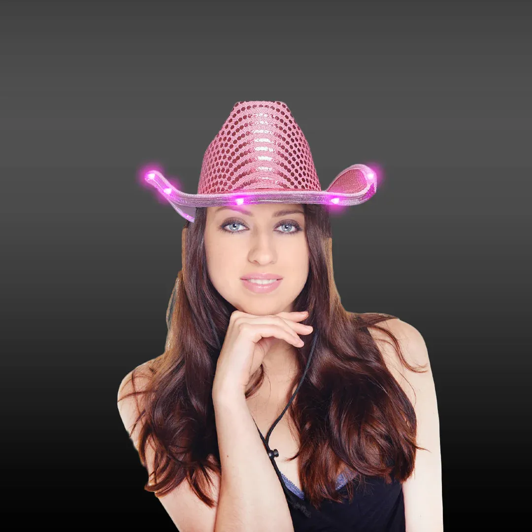 LED Light Up Flashing Sequin Cowboy Hats - 4 Colors Assorted Pack of 6 Hats