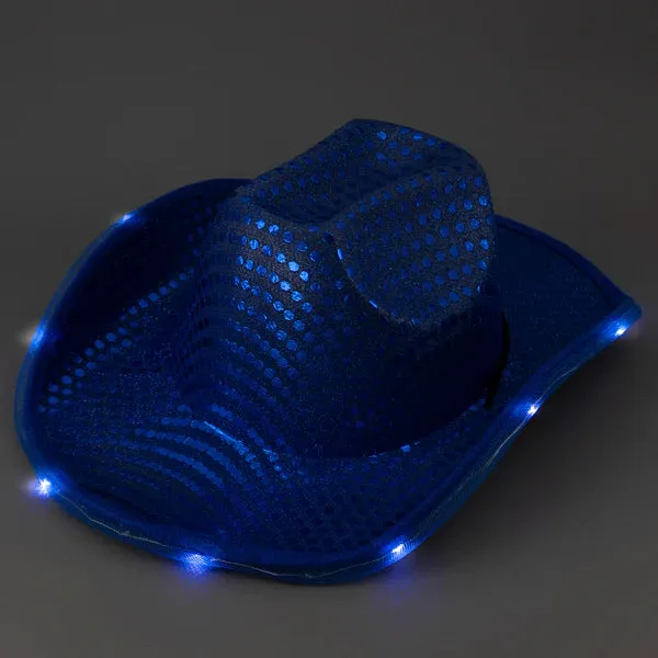 LED Light Up Flashing Sequin Cowboy Hats - 4 Colors Assorted Pack of 6 Hats