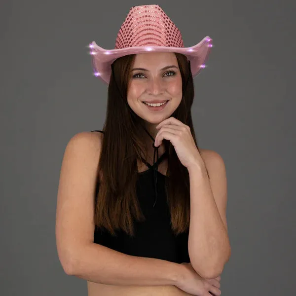 LED Light Up Flashing Sequin Cowboy Hats - 4 Colors Assorted Pack of 6 Hats