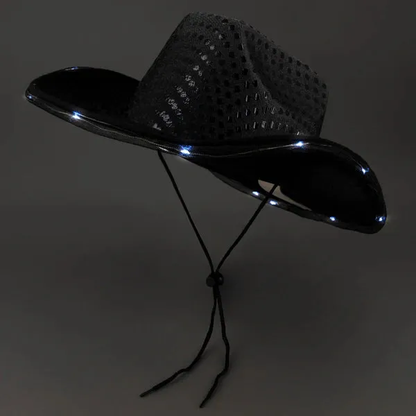 LED Light Up Flashing Sequin Cowboy Hats - 4 Colors Assorted Pack of 6 Hats