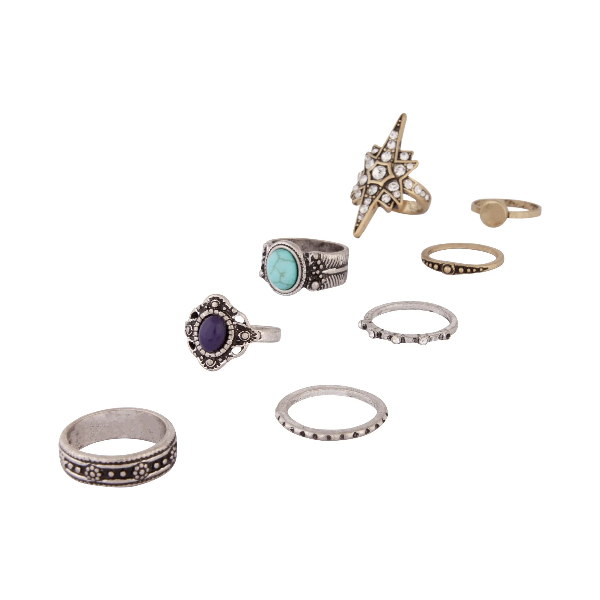 Mixed Metal Star Bohemian Ring 8 Pack