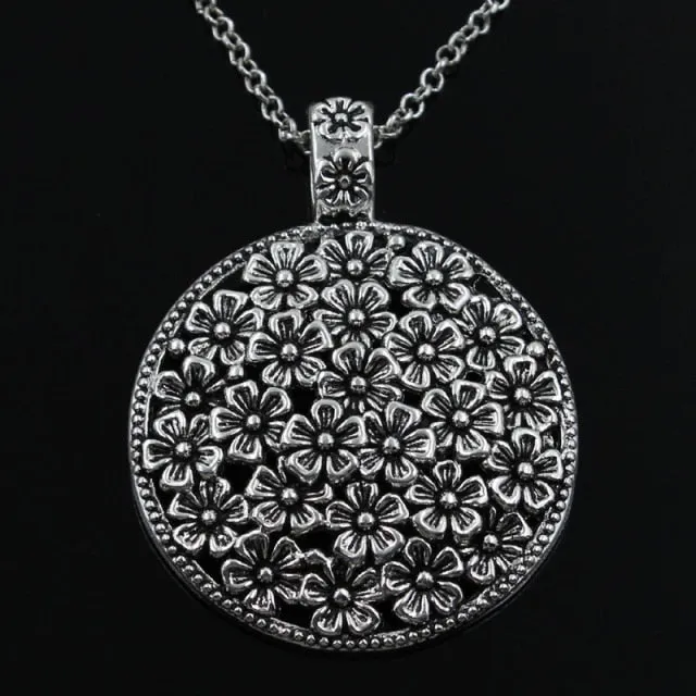 New Fashion Flower Covered Disc Pendants Round Cross Chain Short Long Mens Womens Silver Color  Necklace Jewelry Gift