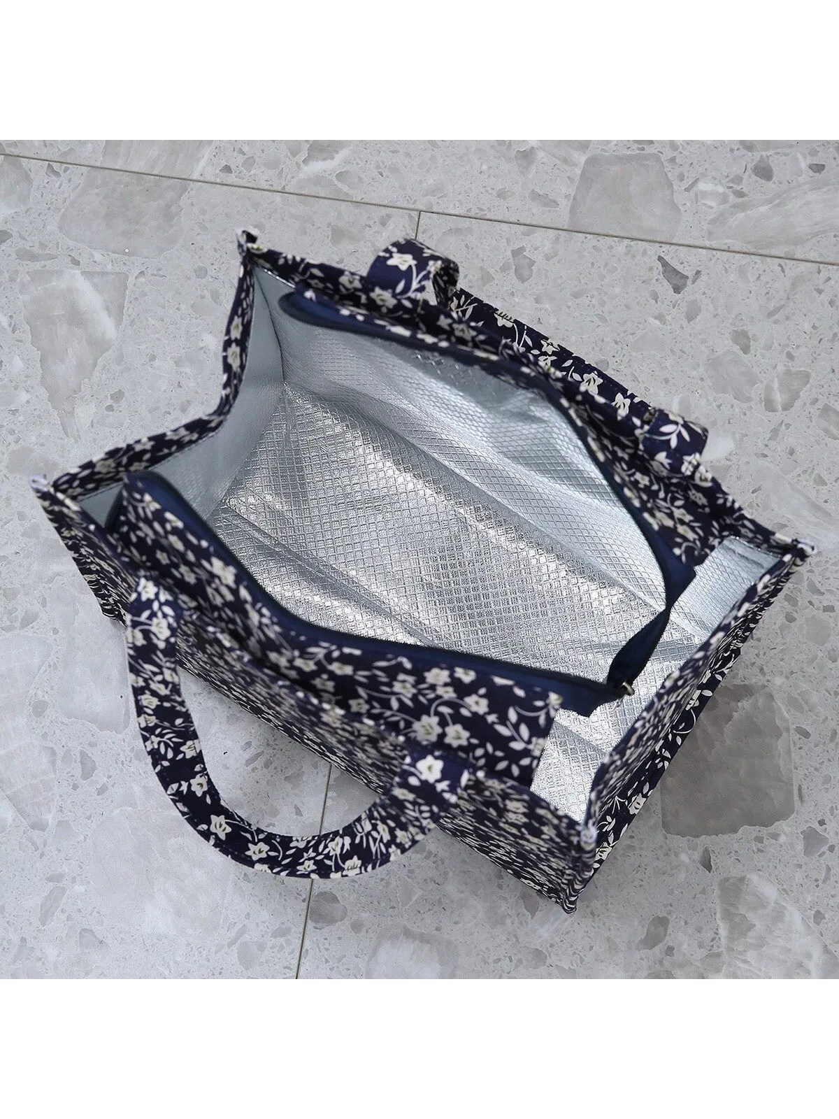 New Nylon Cloth Flower Print Large Capacity Portable Inner Aluminum Foil Insulation Zipper Semi-Closed Lunch Box Bag Work Commute With Lunch Handbag School Organizer Bags Teacher Storage Bags Classroom Bags Classroom Organizer Bags