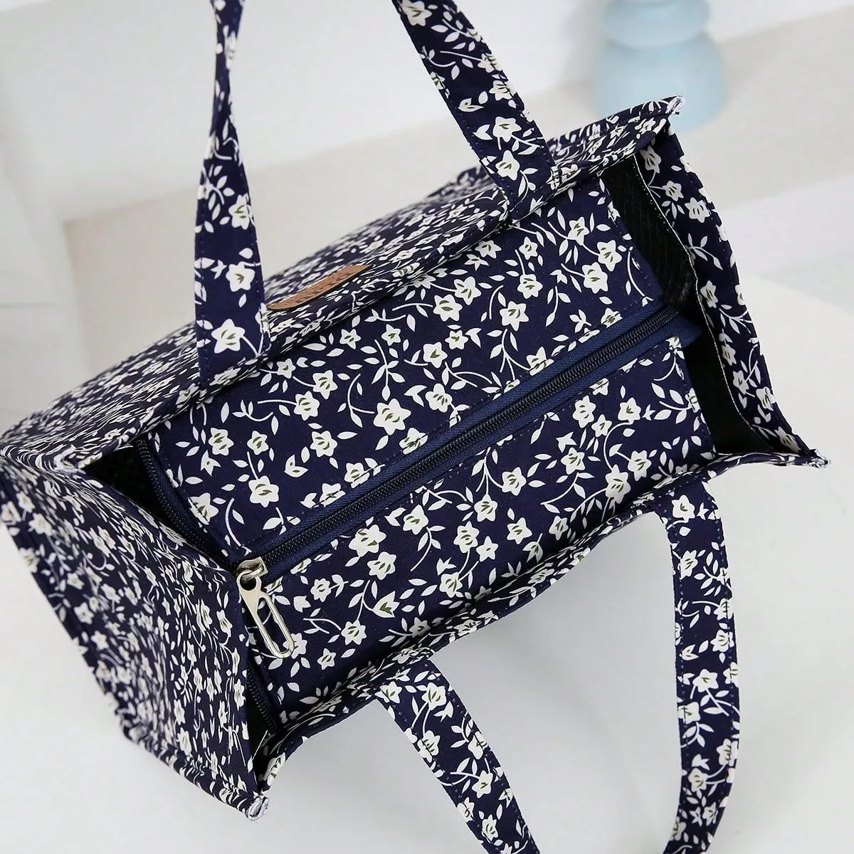 New Nylon Cloth Flower Print Large Capacity Portable Inner Aluminum Foil Insulation Zipper Semi-Closed Lunch Box Bag Work Commute With Lunch Handbag School Organizer Bags Teacher Storage Bags Classroom Bags Classroom Organizer Bags