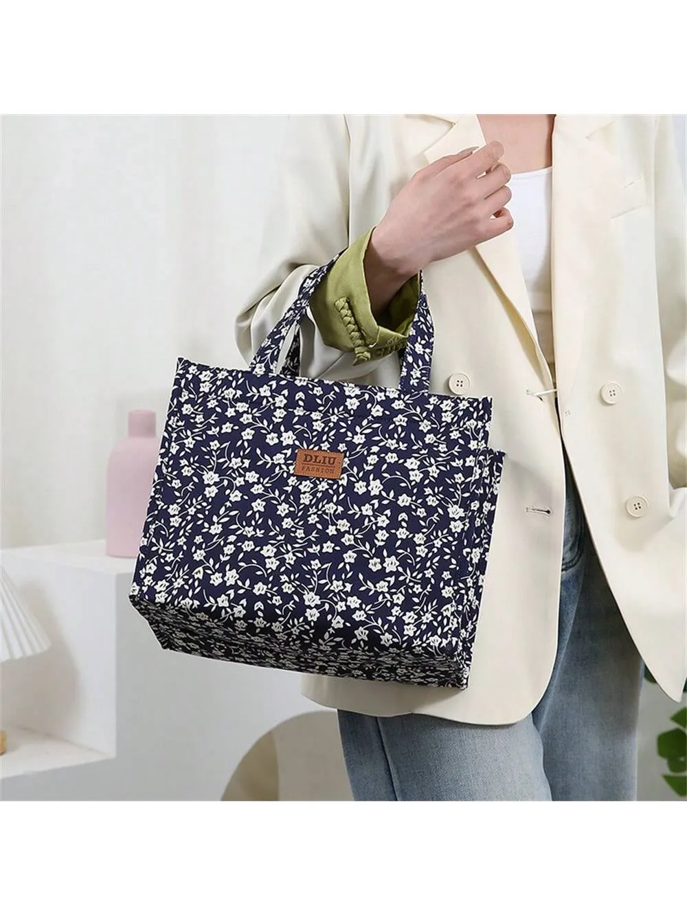 New Nylon Cloth Flower Print Large Capacity Portable Inner Aluminum Foil Insulation Zipper Semi-Closed Lunch Box Bag Work Commute With Lunch Handbag School Organizer Bags Teacher Storage Bags Classroom Bags Classroom Organizer Bags