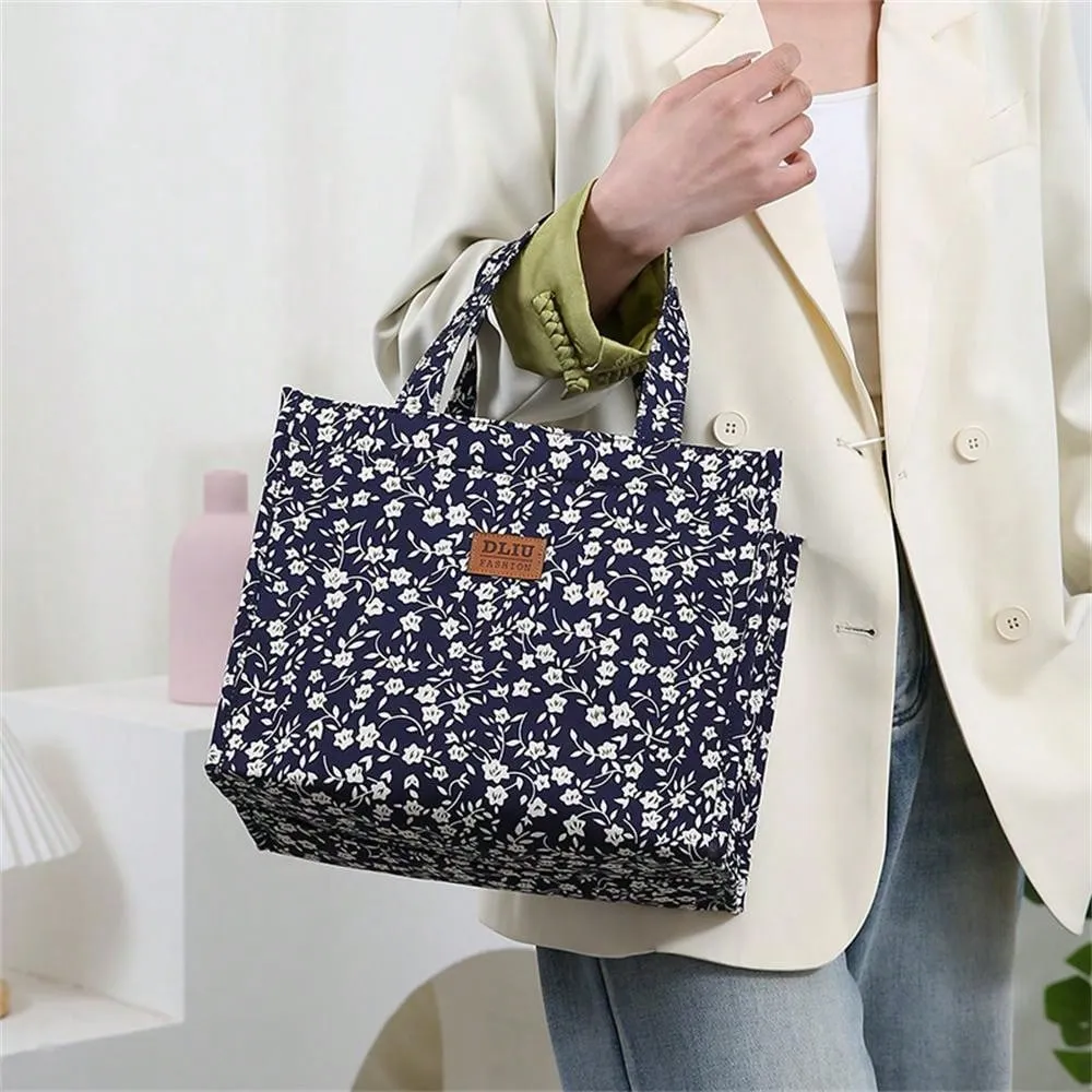 New Nylon Cloth Flower Print Large Capacity Portable Inner Aluminum Foil Insulation Zipper Semi-Closed Lunch Box Bag Work Commute With Lunch Handbag School Organizer Bags Teacher Storage Bags Classroom Bags Classroom Organizer Bags
