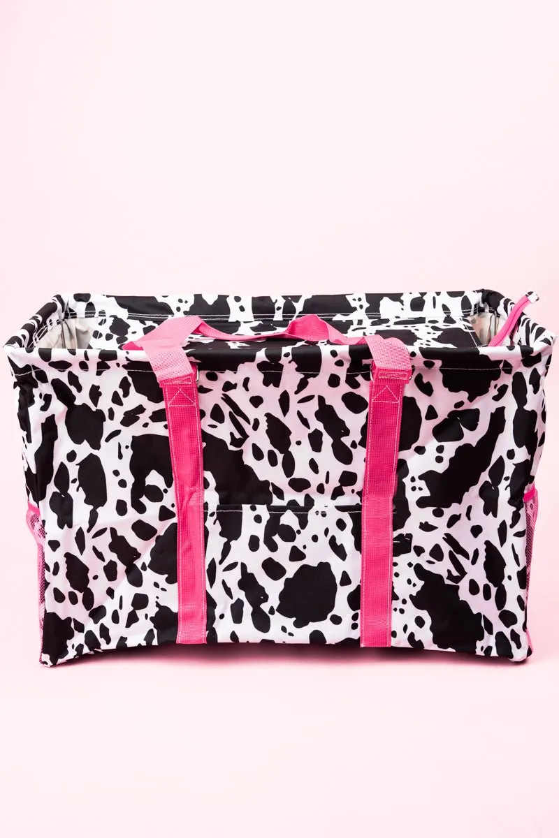 NGIL Deja Moo with Hot Pink Trim Collapsible Double Haul-It-All Basket with Mesh Pockets and Lid