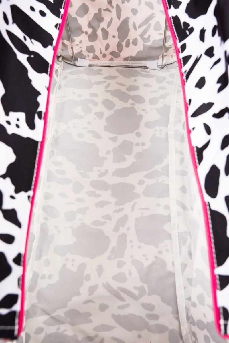 NGIL Deja Moo with Hot Pink Trim Collapsible Double Haul-It-All Basket with Mesh Pockets and Lid