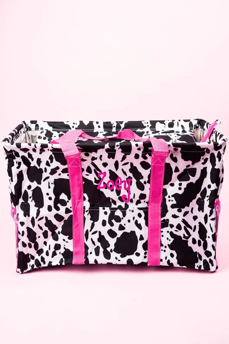 NGIL Deja Moo with Hot Pink Trim Collapsible Double Haul-It-All Basket with Mesh Pockets and Lid