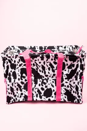 NGIL Deja Moo with Hot Pink Trim Collapsible Double Haul-It-All Basket with Mesh Pockets and Lid