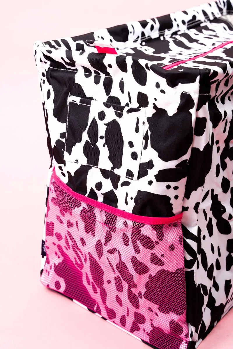 NGIL Deja Moo with Hot Pink Trim Collapsible Double Haul-It-All Basket with Mesh Pockets and Lid