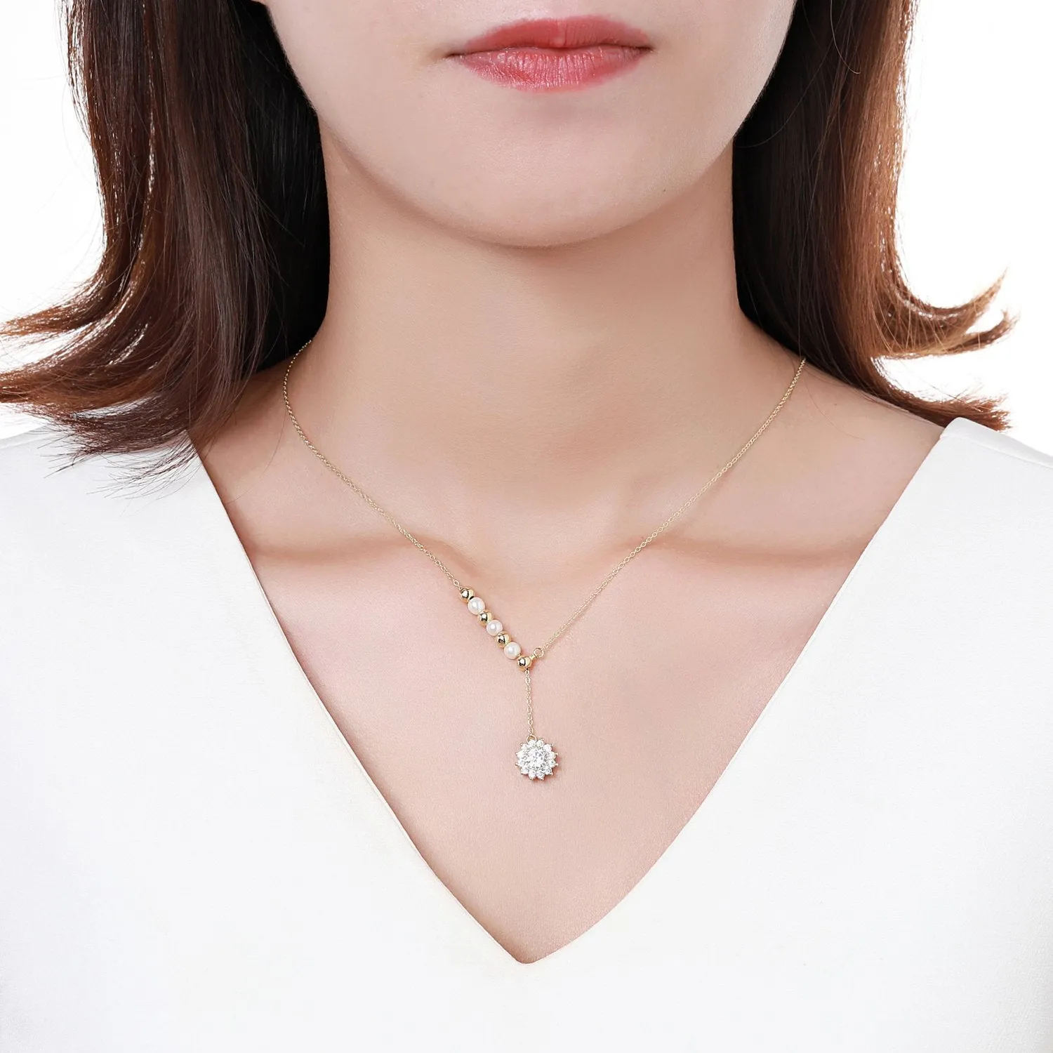 Pearl Necklace With Sunflower Shape Pendant KPN0255