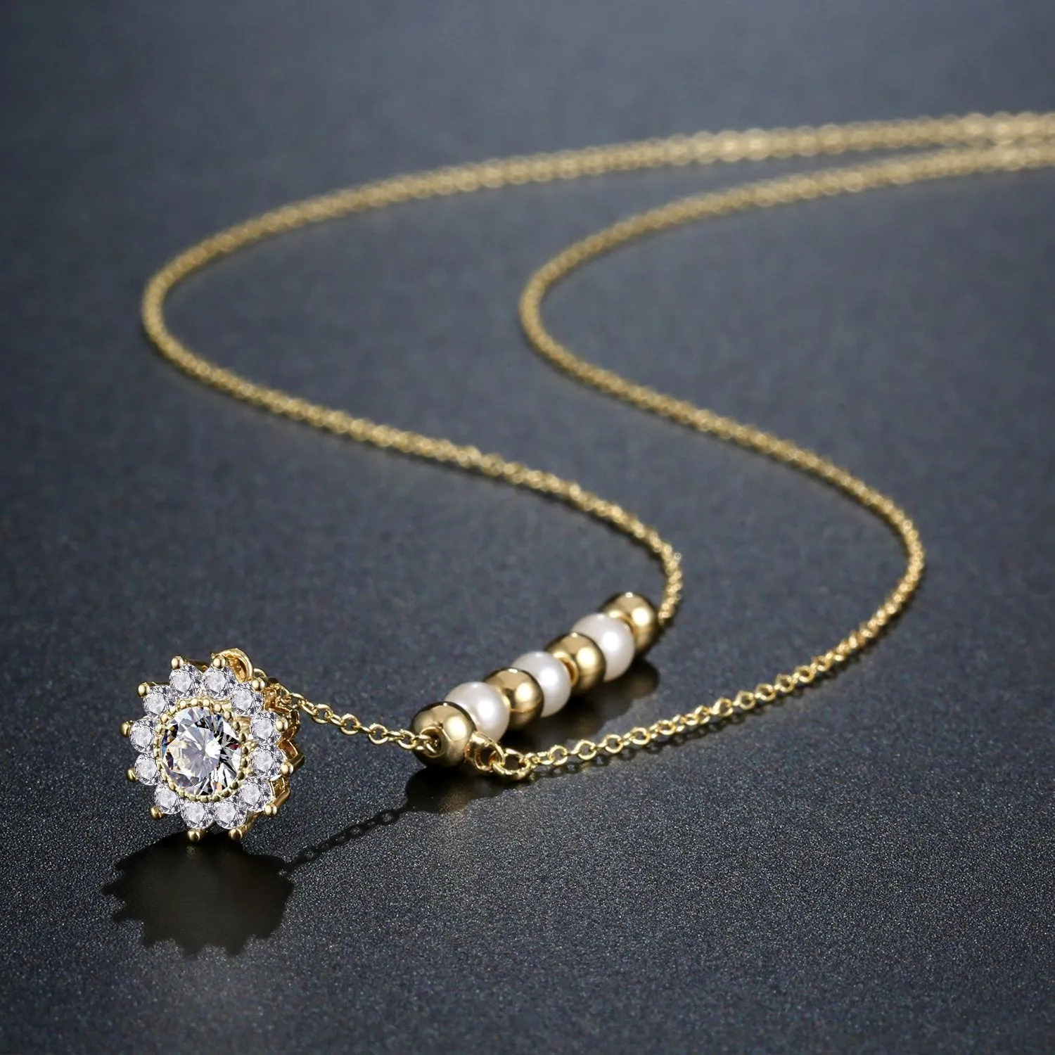 Pearl Necklace With Sunflower Shape Pendant KPN0255