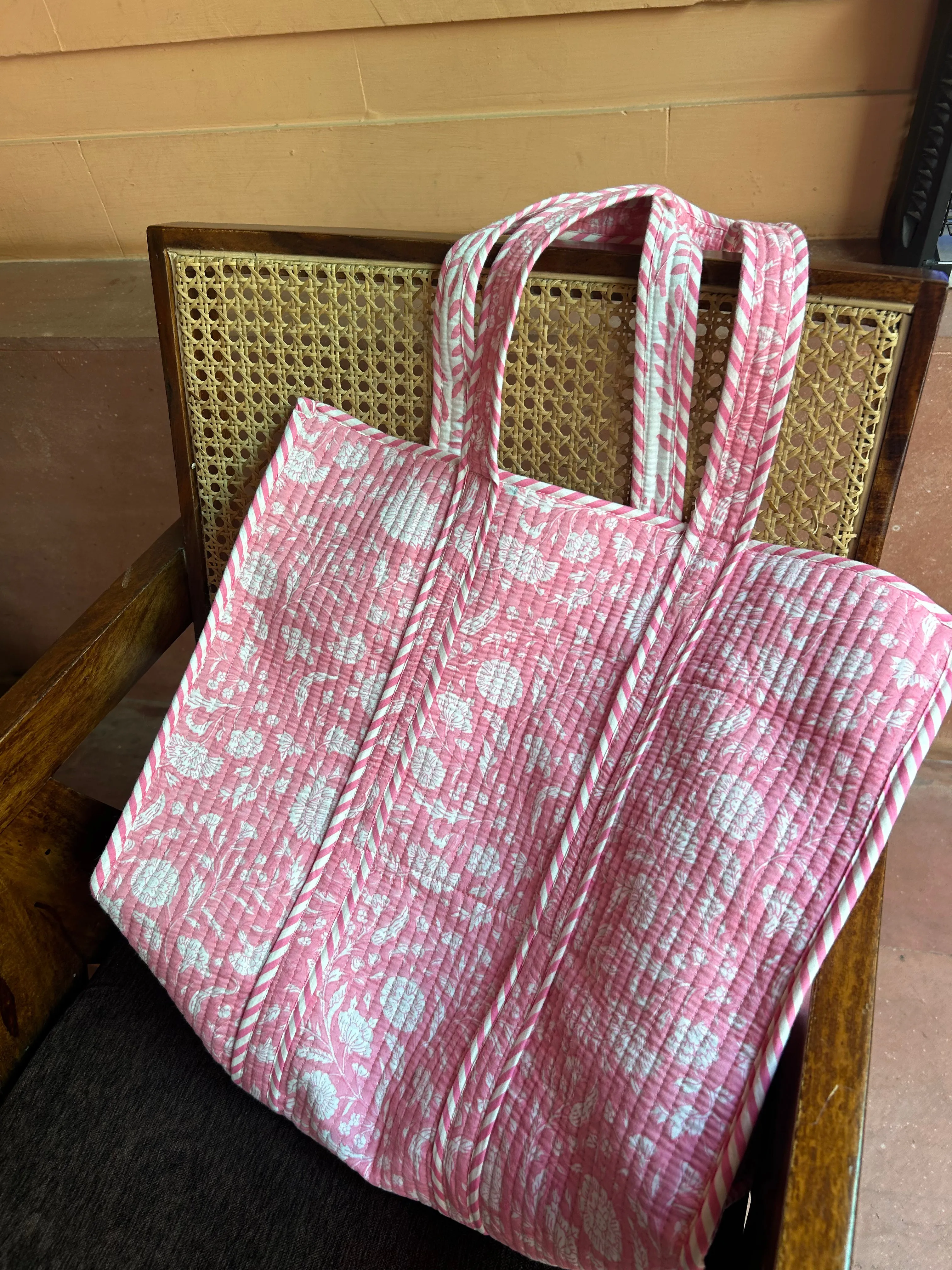 Printed Cotton Quilted Tote Bag Pink