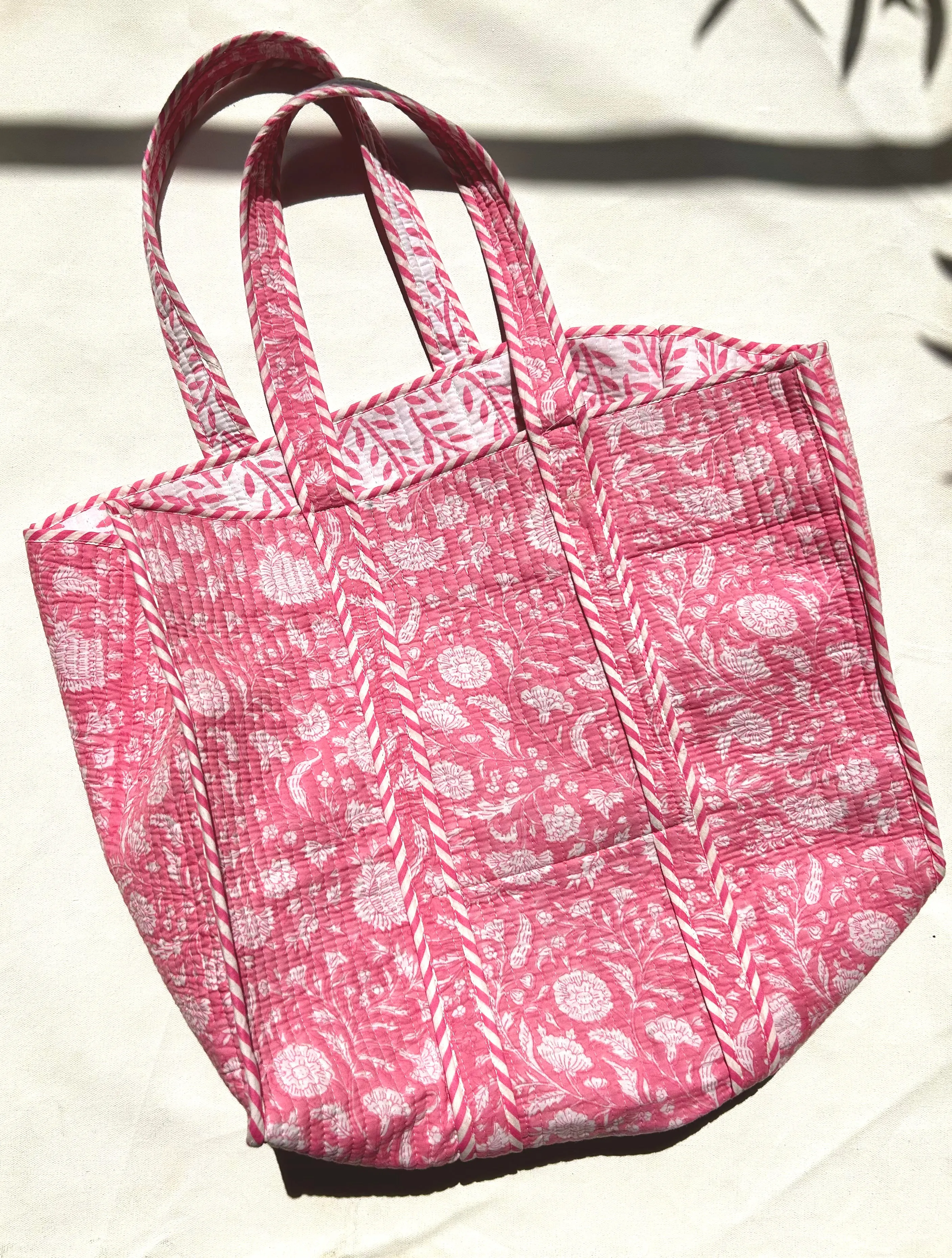 Printed Cotton Quilted Tote Bag Pink