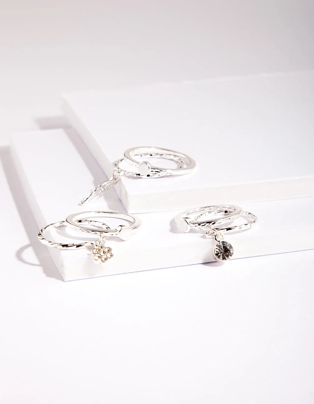 Silver Dainty Diamante Ring Pack