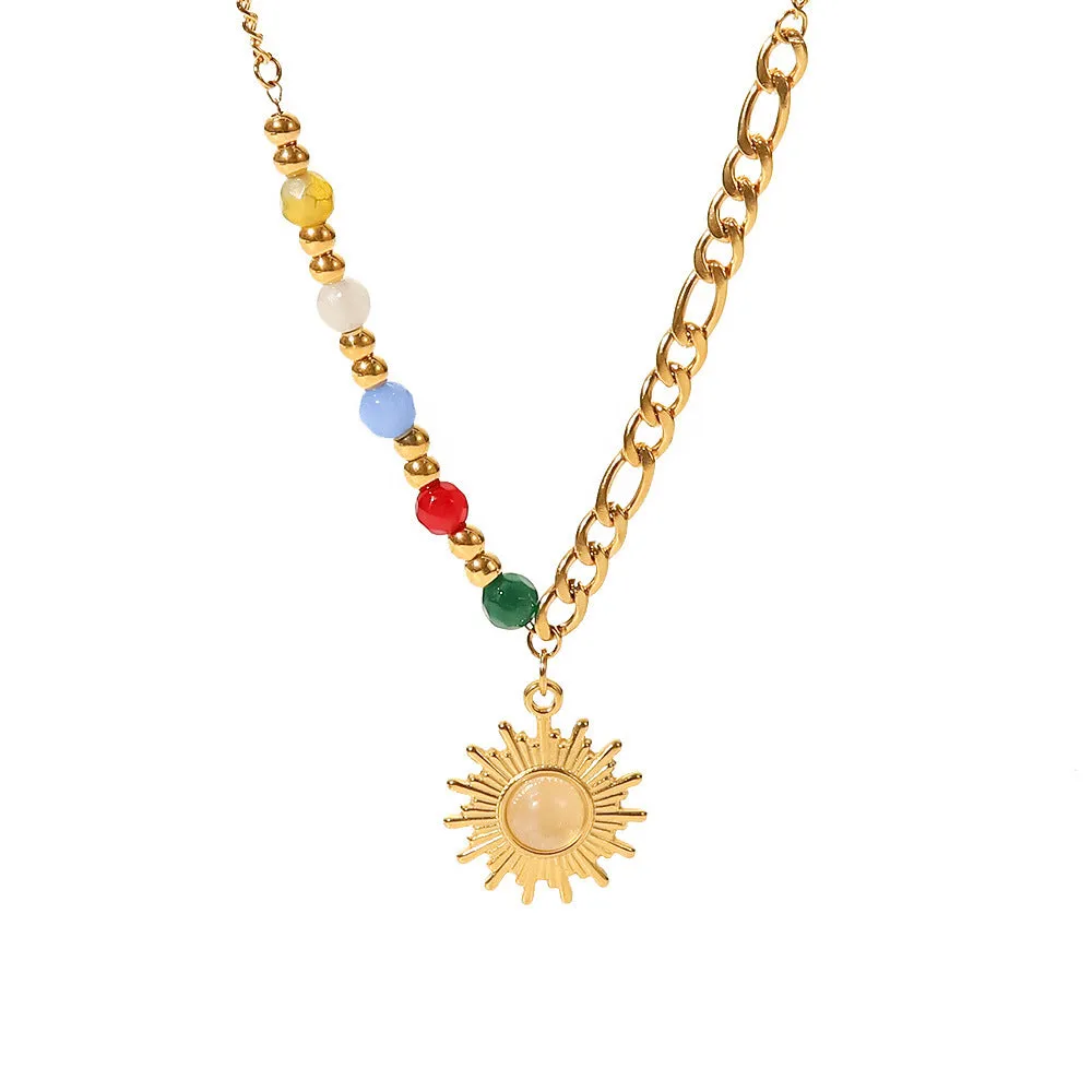 SISSLIA New Titanium Steel Pendant 18K Gold Natural Stone Cat's Eye Sun Pendant Colored Stone Necklace for Women