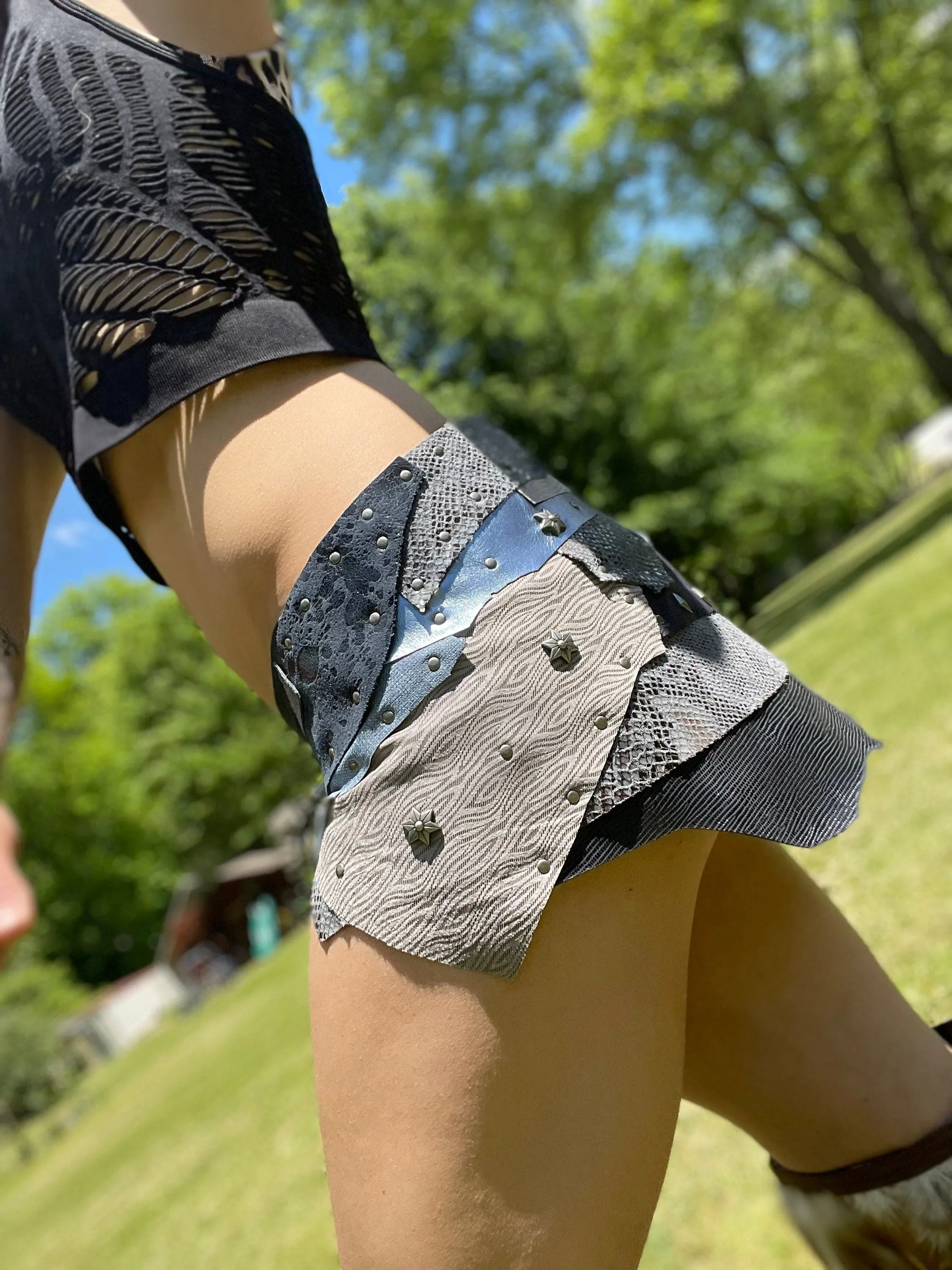 STORMY SEAS, Blue & Silver Leather Skirt, Burning Man Skirt, Steampunk costume, Tribal Belly Dance Belt, Warrior Viking Belt Costume
