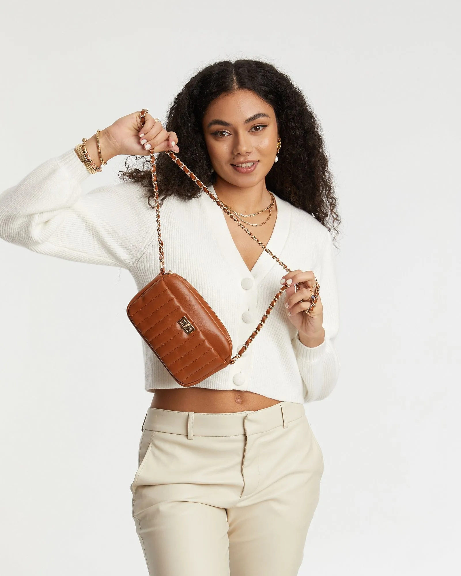 Tan Charm Quilt Crossbody Bag
