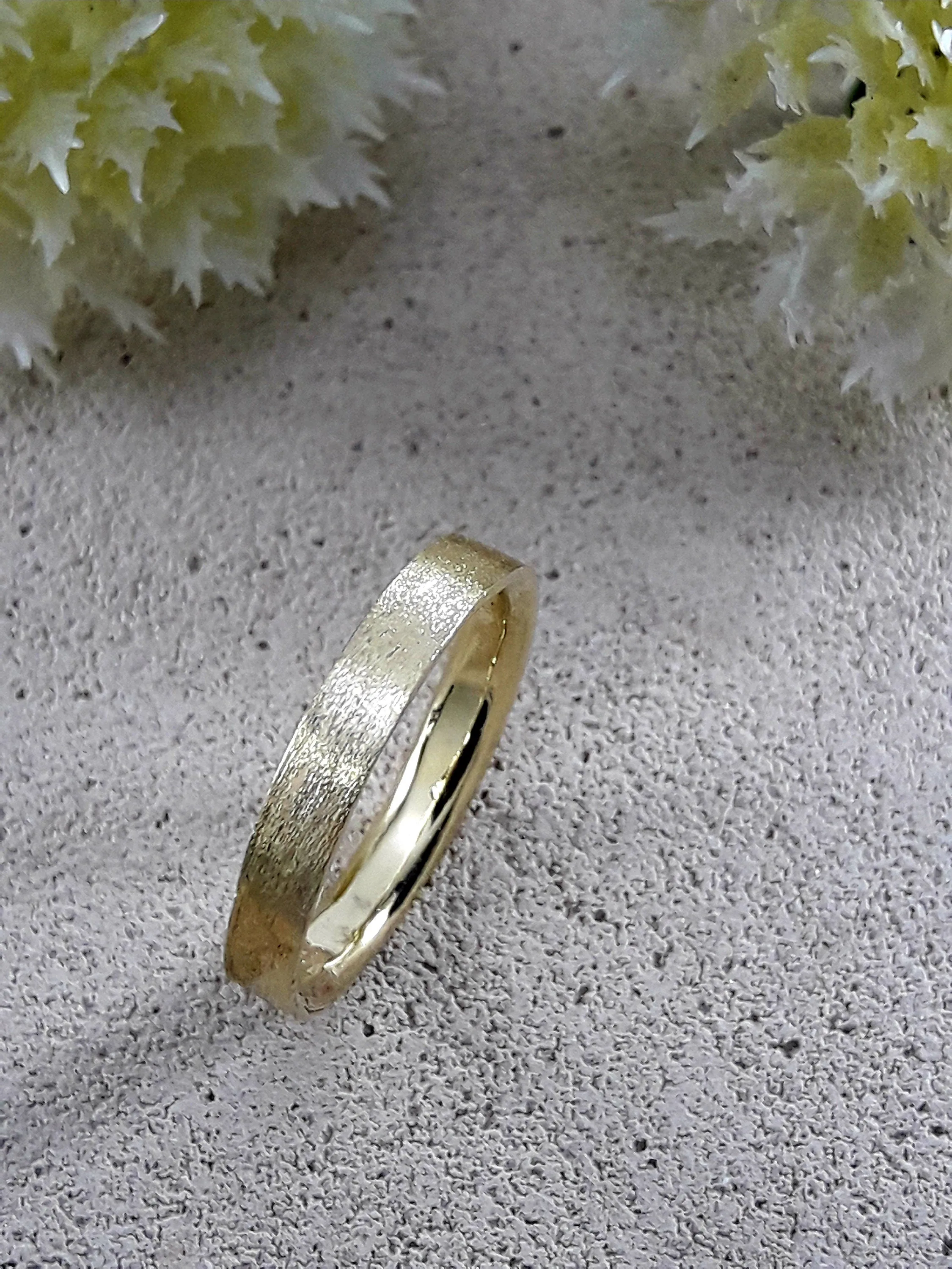 Unique  Wedding Band Solid 14 Karat Yellow Gold Special Brush Finish